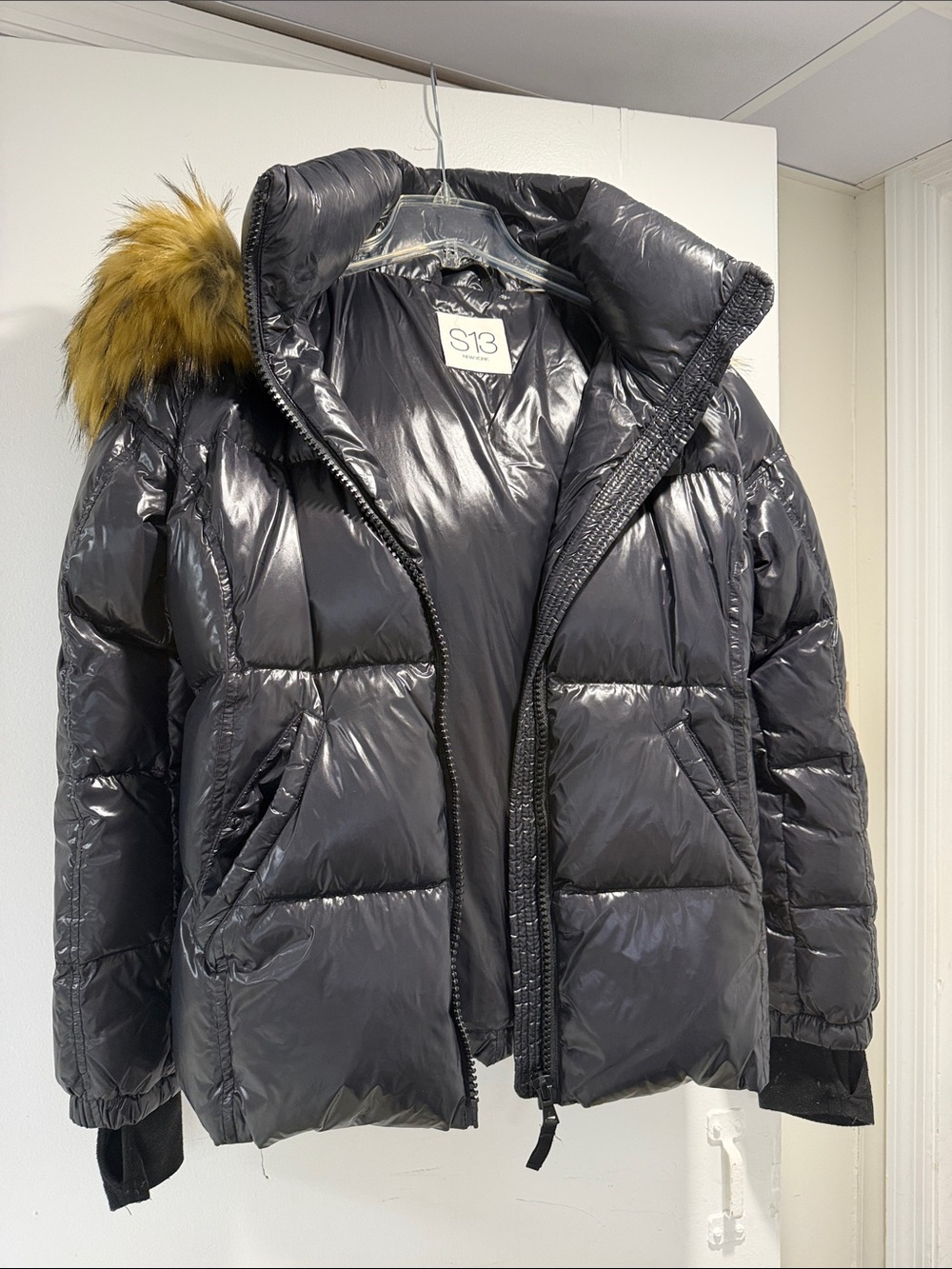 S13 Women's Black Shiny Puffer Jacket with Faux-Fur Trim Hood